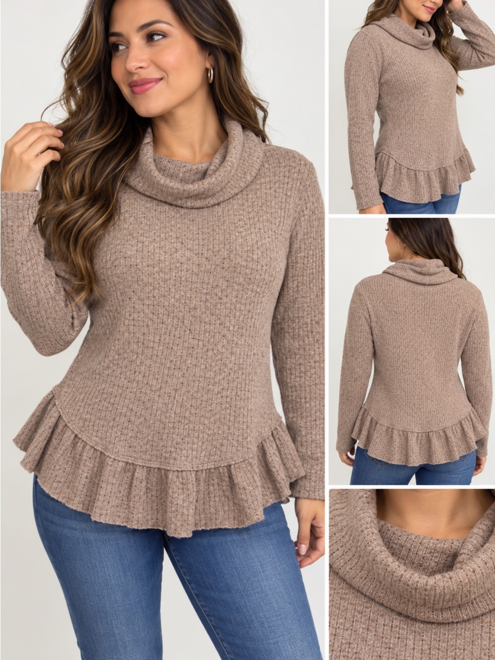 Maeve Taupe Ruffle-Hem Cowl Neck Sweater